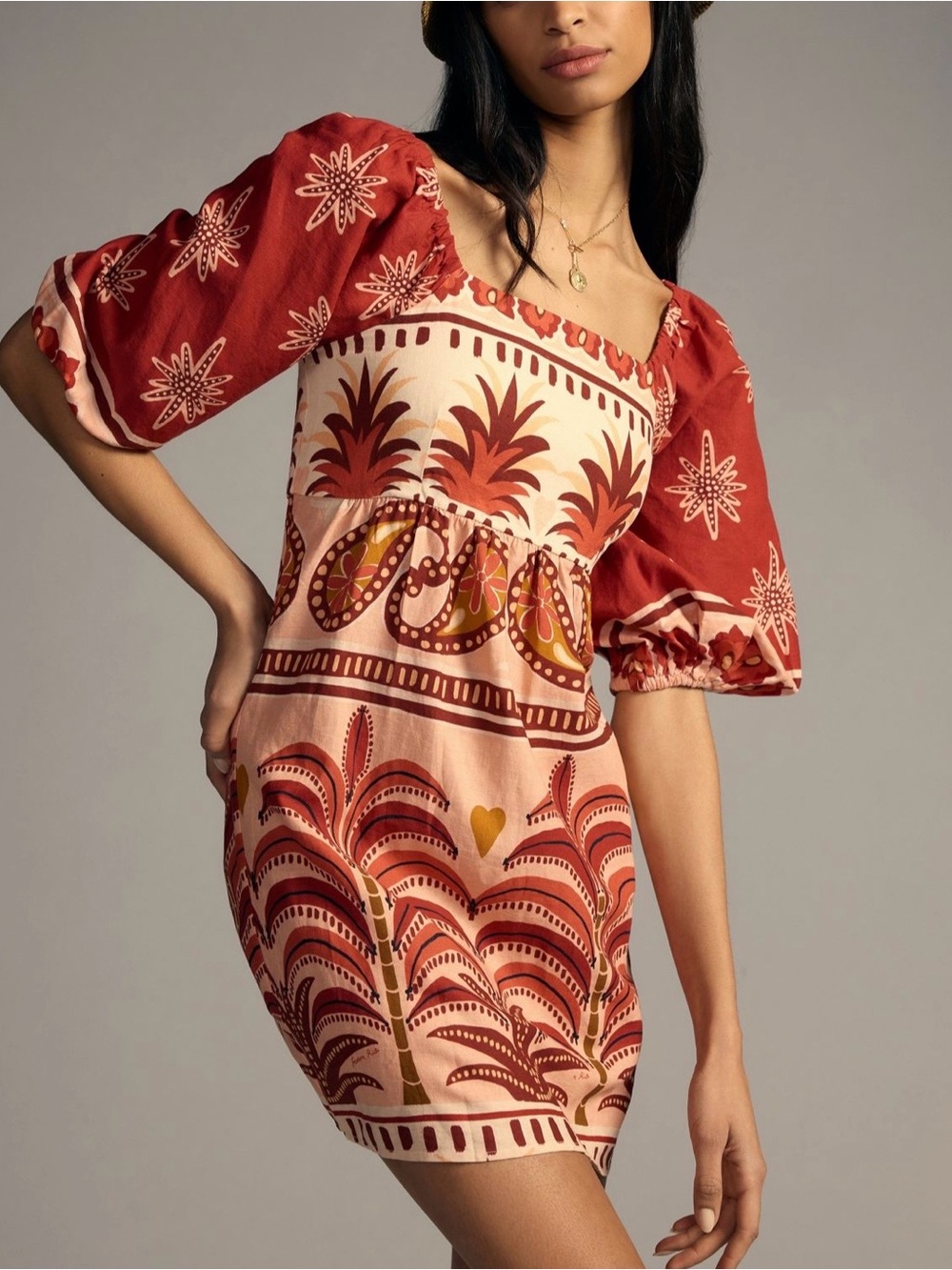 FARM Rio Anthropologie Red Floral Palm Print Linen Blend Mini Dress M